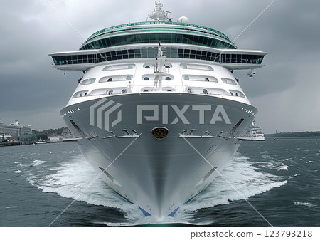 Front of large cruise ship on its way to next location.Macro.AI Generative. 123793218