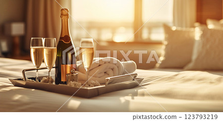 Luxury hotel room with champagne bottle and glasses for romantic vacation.AI Generative. 123793219