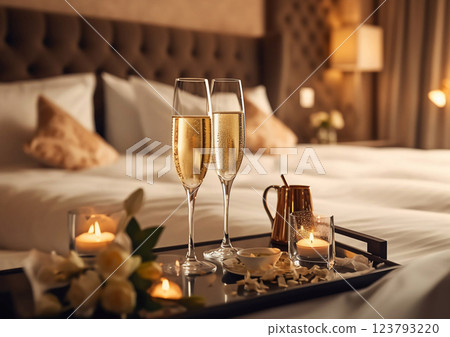 Champagne glasses on tray in luxury hotel room for honeymoon vacation.Maco.AI Generative. 123793220