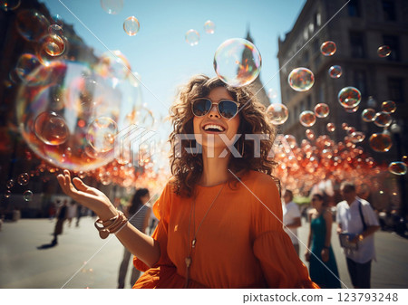 Happy attractive woman in large city playing with bubbles on festive day on vacation.AI Generative. 123793248