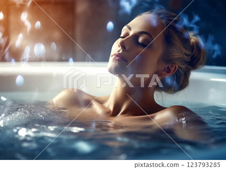 Young woman in jacuzzi relaxing and enjoying spa treatment.Macro.AI Generative. 123793285