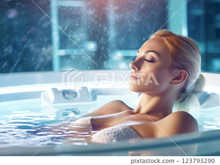 Beautiful woman relaxing in jacuzzi in luxury spa. Treatment for body and soul.Macro.AI Generative. 123793290