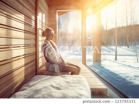 Beautiful woman in modern winter spa looking through large window with snowy forest.AI Generative. 123793331
