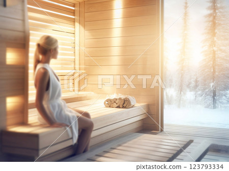 Beautiful woman in modern winter spa looking through large window with snowy.Macro.AI Generative. 123793334