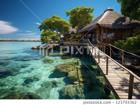 Wooden house with bridge in blue calm ocean lagoon on luxury caribbean ressort.Macro.AI Generative. 123793362