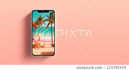 Summer holiday advertising with phone and picture of vacation resort with blue ocean.AI Generative 123793554