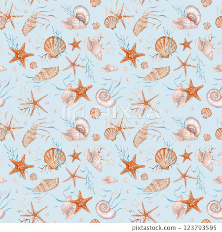 Seashell and Pearls Pattern on isolated background. Hand drawn vintage watercolor seamless ornament with Sea Shells and stars for wrapping paper or textile in nautical style. 123793595