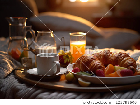 Breakfast in bed in luxury hotel with coffee and croissant with berries and fruits.AI Generative. 123793606