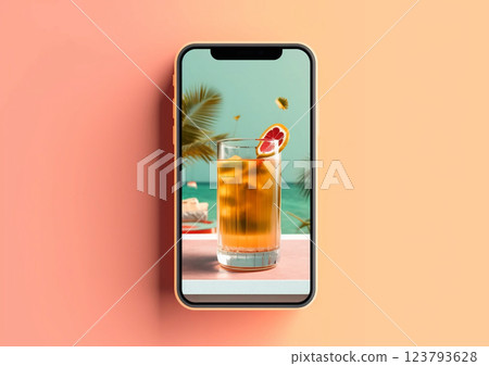 Phone display with cocktail on summer resort.Macro.AI Generative Phone display with cocktail on summer resort.Macro.AI Generative 123793628