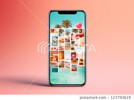 Phone display with photos of various summer resort locations for best holiday.Macro.AI Generative Phone display with photos of various summer resort locations for best holiday.Macro.AI Generative 123793629