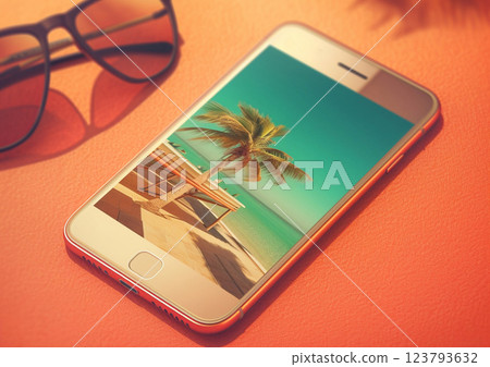 Summer holiday advertising with phone and picture of vacation resort with blue ocean.AI Generative 123793632