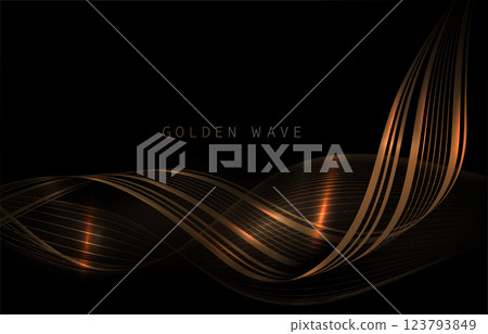 Isolated component, wavy illustration of golden color with tinsel on black background 123793849
