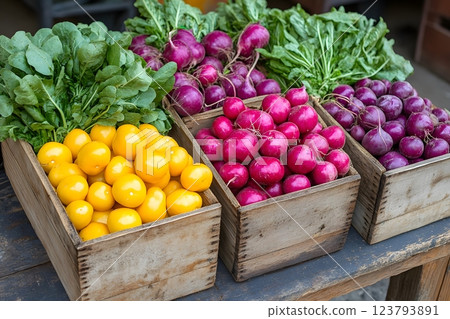 Fresh Farmers Market Produce Display of Tomatoes, Radishes, and Beets for Culinary Inspiration Generative AI 123793891