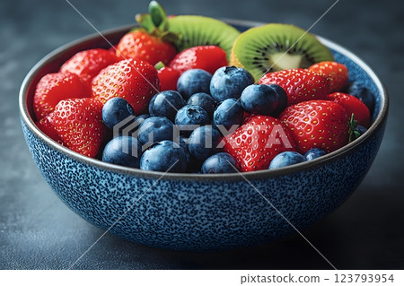 Fresh Fruit Delight: Bowl of Strawberries, Blueberries, and Kiwi for Healthy Living Generative AI 123793954