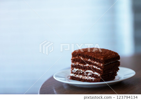 A delicious slice of rich chocolate cake elegantly presented on a white plate A delicious slice of rich chocolate cake elegantly presented on a white plate 123794134