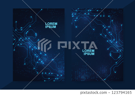 Modern digital technology design template for a brochure, flyer, cover, report, poster, header, banner, presentation. Digital tech motherboard texture design. Vector illustration 123794165