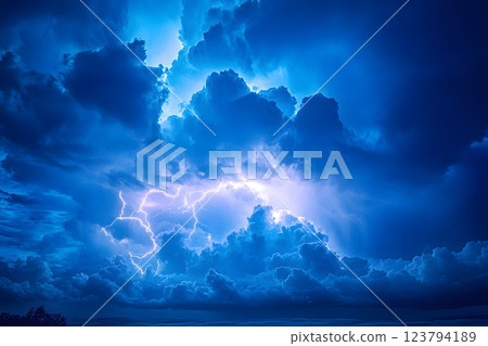 Dramatic Thunderstorm with Lightning Illuminating Dark Clouds for Nature Art and Backgrounds Generative AI 123794189