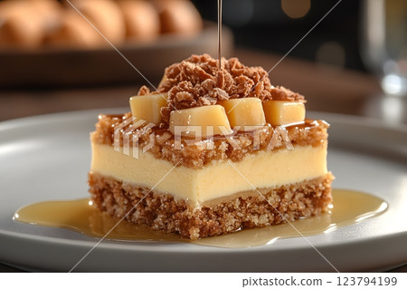 Close-Up of a Delectable Layered Cake with Caramel and Crumb Topping for Dessert Inspirations Generative AI 123794199