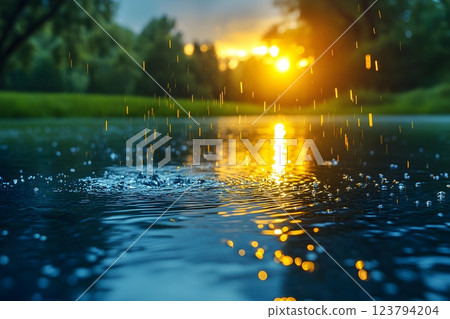 Serene Sunset Over Water with Ripples and Rain Droplets for Nature and Tranquility Themes Generative AI 123794204