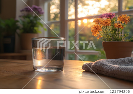 Sunlit Morning Calm: Glass of Water with Blossoms by the Window for Home Decor Generative AI 123794206