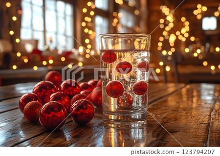Festive Holiday Scene with Red Ornaments and Glowing Lights Generative AI 123794207