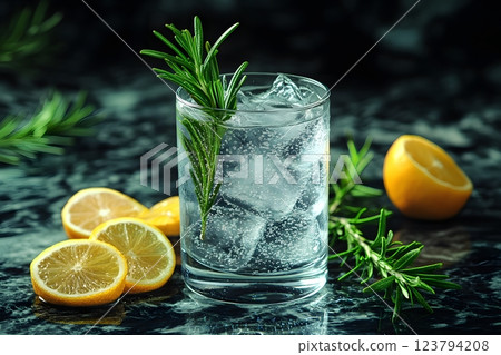 Refreshing Sparkling Water with Lemon and Rosemary Garnish for Elegant Dining Decor Generative AI 123794208