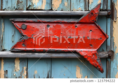 Rustic Red Arrow Sign on Weathered Blue Wood Background for Vintage Design Generative AI 123794222