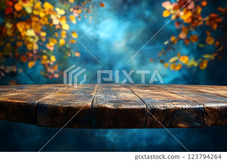 Rustic Wooden Table with Autumn Leaves and Moody Blue Background for Seasonal Design Generative AI Rustic Wooden Table with Autumn Leaves and Moody Blue Background for Seasonal Design Generative AI 123794264