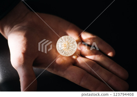 Hand holding a delicate resin sphere encasing a dandelion seed head, symbolizing fragility and impermanence. Ephemeral beauty, mindfulness, nature-inspired art, wabi-sabi, transience. Hand holding a delicate resin sphere encasing a dandelion seed head, symbolizing fragility and impermanence. Ephemeral beauty, mindfulness, nature-inspired art, wabi-sabi, transience. 123794408