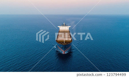 Container ship of ocean concept. Freight Vessel Sailing Across the Open Sea on a Scenic Nautical Journey 123794499