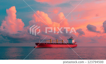 Container ship of ocean concept. Giant Container Ship Sailing Over Serene Ocean at Vibrant Sunset 123794500