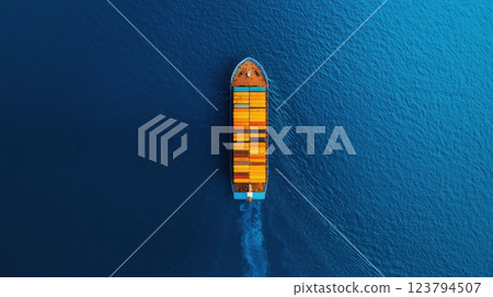 Container ship of ocean concept. Glowing Deck Lights of a Cargo Ship Cutting Through the Nighttime Waters 123794507