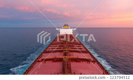 Container ship of ocean concept. Illuminated Cargo Ship Sailing at Sunset over the Open Ocean 123794512