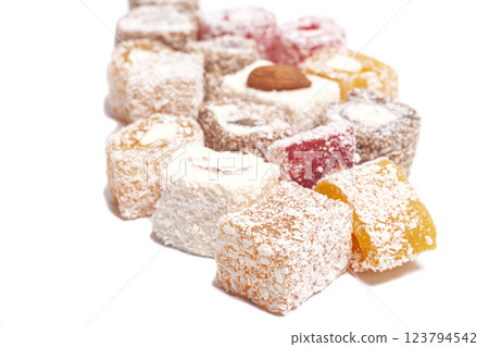 Traditional Turkish delight isolated on white background. 123794542