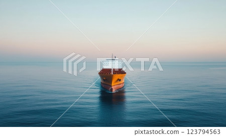 Container ship of ocean concept. Serene Twilight Cruise over Calm Coastal Waters 123794563