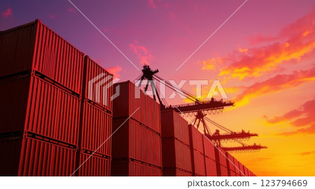 Container ship silhouette of industrial cranes concept. Dramatic Silhouette of Bustling Shipping Port at Dusk with Towering Cranes and Vibrant Sky 123794669