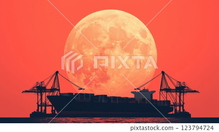 Container ship silhouette of industrial cranes concept. Silhouette of a Massive Cargo Ship Docked at a Bustling Seaport at Sunset 123794724