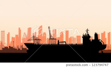 Container ship silhouette of industrial cranes concept. Silhouetted Cargo Ship Approaching Urban Seaport Skyline at Sunset 123794747