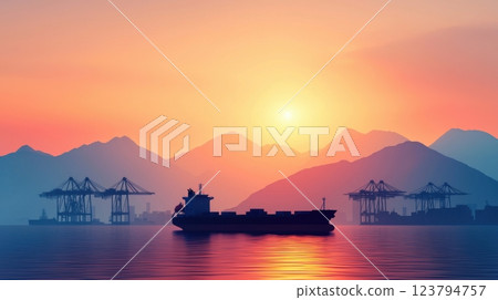 Container ship silhouette of industrial cranes concept. Silhouetted Container Ship Passing at Dramatic Sunset Over Towering Mountains Container ship silhouette of industrial cranes concept. Silhouetted Container Ship Passing at Dramatic Sunset Over Towering Mountains 123794757