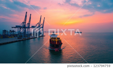 Container ship silhouette of industrial cranes concept. Silhouetted Container Ship Passing Under Towering Port Cranes at Sunset Container ship silhouette of industrial cranes concept. Silhouetted Container Ship Passing Under Towering Port Cranes at Sunset 123794759