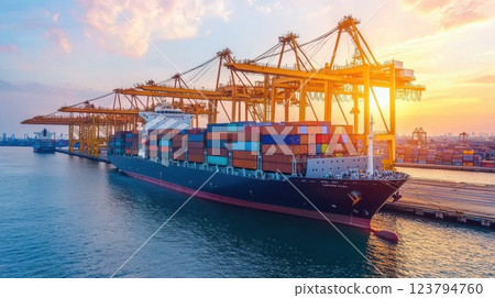 Container ship silhouette of industrial cranes concept. Silhouetted Container Vessels and Cargo Cranes at Sunset in Industrial Harbor Container ship silhouette of industrial cranes concept. Silhouetted Container Vessels and Cargo Cranes at Sunset in Industrial Harbor 123794760