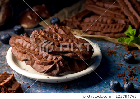 Chocolate shortbread cookies. Dark background Chocolate shortbread cookies. Dark background 123794765