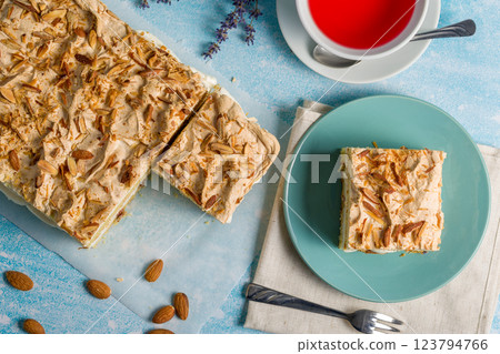 Norwegian cake. With meringue, whipped cream and almonds. Light background 123794766