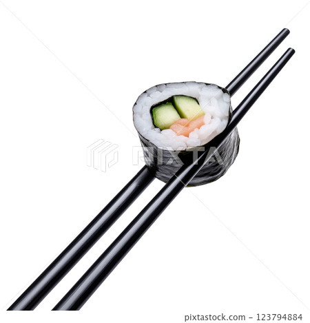 Sushi roll between two chopsticks on white background 123794884