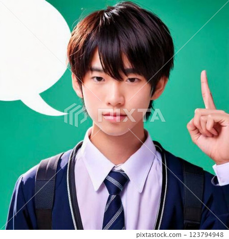 Male student pointing out his index finger and speech bubble 123794948