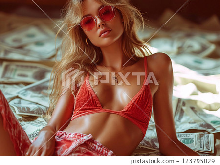 Young glamour rich beautiful woman in bikini laying down on pile of money.Macro.AI Generative. 123795029
