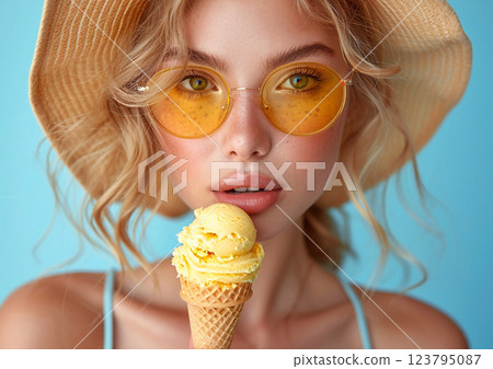 Young beautiful woman holding yellow ice cream and wearing summer hat on blue.AI Generative. 123795087