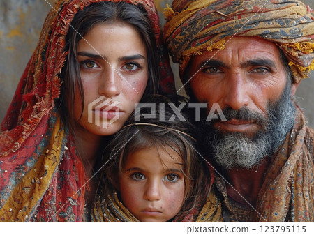 Portrait of refugees family tired from long journey.Macro.AI Generative. 123795115