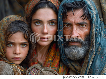 Portrait of refugees family tired from long journey.Macro.AI Generative. 123795116