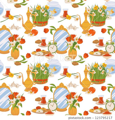 Seamless pattern for International Day of Nowruz. Iranian New Year is a holy day and religious holiday of Zoroastrians and Baha'is. Mirror, green grass, sweets, candles, vinegar, flowers. Flat vector. 123795217
